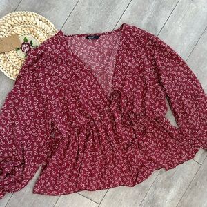 Shein Curve Plus Womens Floral Long Sleeve Peplum Floral Peasant Blouse 3XL